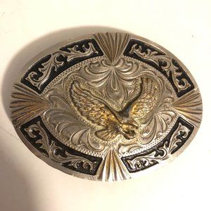 Vintage Alpaca Fina Western Belt Buckle, Eagle Black Silver, Preowned